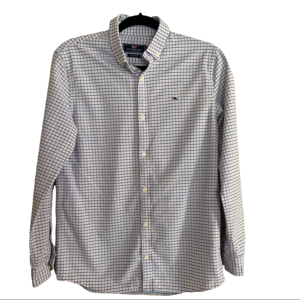 Vineyard Vines Boys Whale Shirt Blue Pink Check 100% Cotton XL-18 Like New!